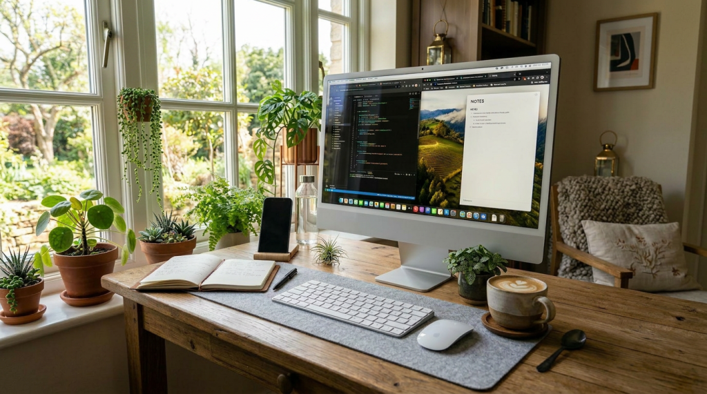Wooden desk with desktop computer showing code and notes, notebook, smartphone, water bottle, coffee cup, and houseplant by a large window